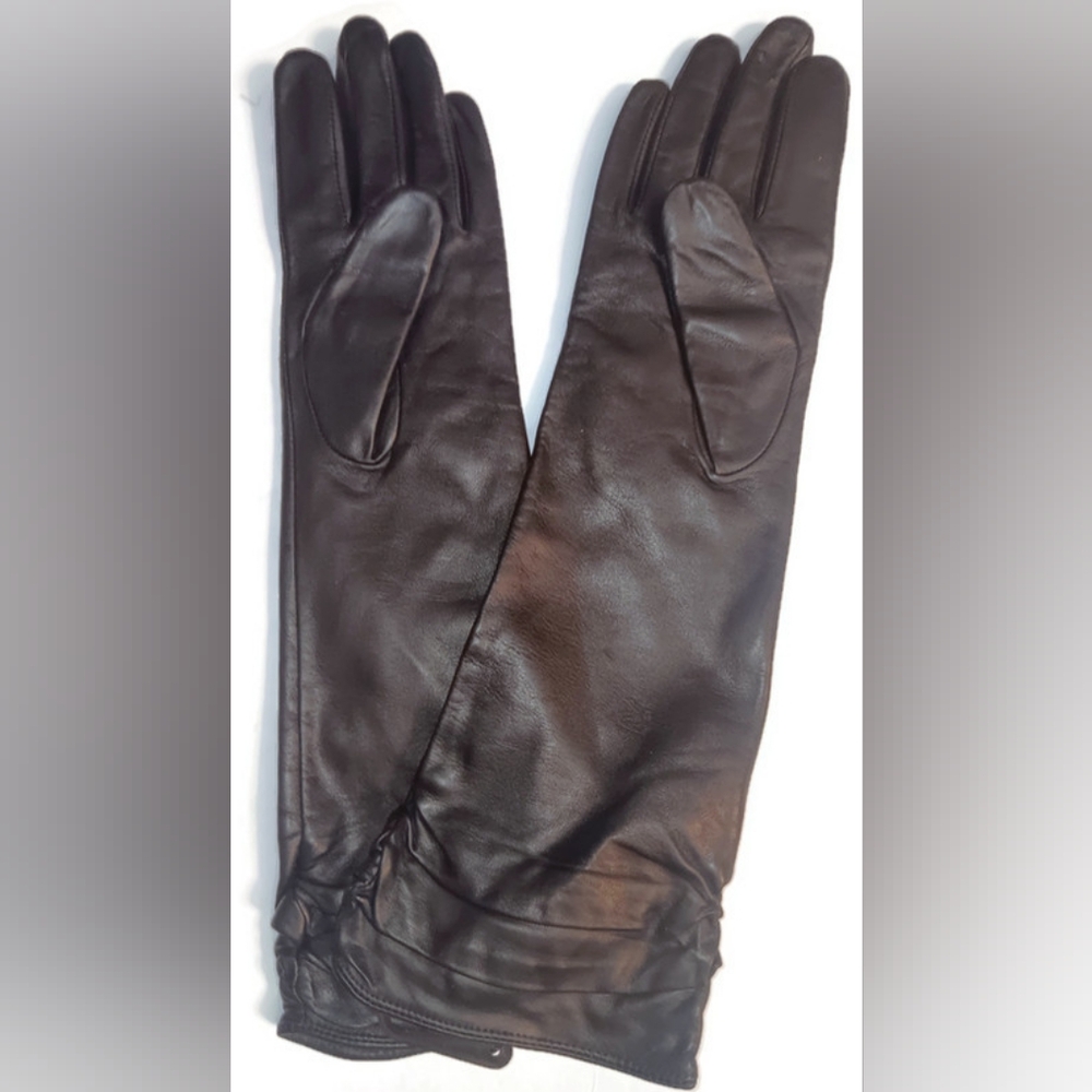 - WOMEN'S RUCHED 14", WARM FLEECE LINED  LONG LEATHER BLACK GLOVES, MEDIUM - Picture 2 of 2